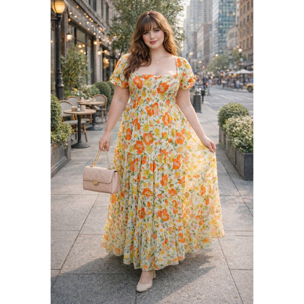 Vintage JCPenny Lounge Floral Spring Maxi Dress Tiered Ruffle Shirred Smocked